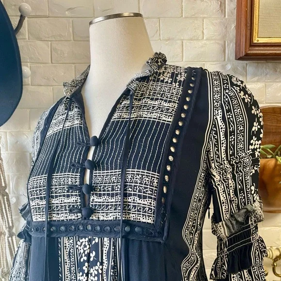 Sea New York Keely Tie-Neck Long-Sleeve Peasant Mini Tunic Dress Black Boho - Picture 7 of 15